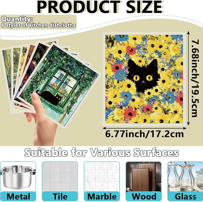 6Pcs 6 Styles Swedish Dishcloth Bulk Reusable Quick Drying Absorbent Sponge 7.7 x 6.8 Inch for Kitchen Countertop Cleaning, Cat Swedish Dish Towel for Dishes Home Tableware Bathroom Use