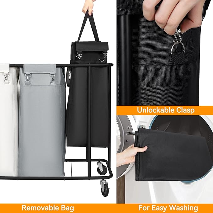 WOWLIVE Laundry Hamper with Wheels 260L Rolling Laundry Basket 3 Section Organizer Laundry Cart with Steel Frame and Removable Bags Large Dirty Clothes Hamper Dorm Room Storage for Bedroom