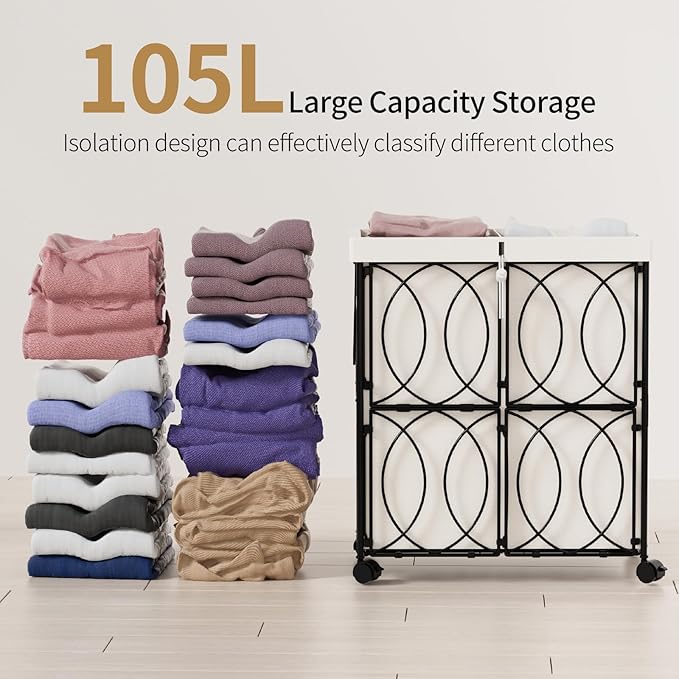 VIPLEO Laundry Hamper with 2 Section, Large 105L Rolling Laundry Basket with Wheels, Metal Heavy Duty Laundry Hamper with Detachable Bags, Dirty Clothes Hamper Organizer for Bedroom, Bathroom(Beige)