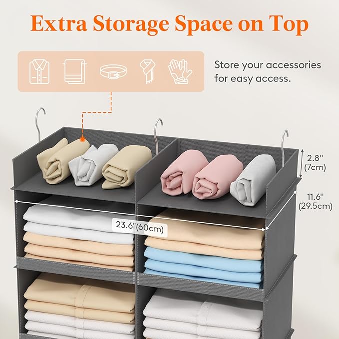 Lifewit Dual-Row Shelf Hanging Closet Organizer and Storage, Clothes Shelves with 3 Sturdy Hooks for Clothing Organization, Foldable Container Hold Up to 30 Sweaters, 5 Tier 10 Sections, Gray