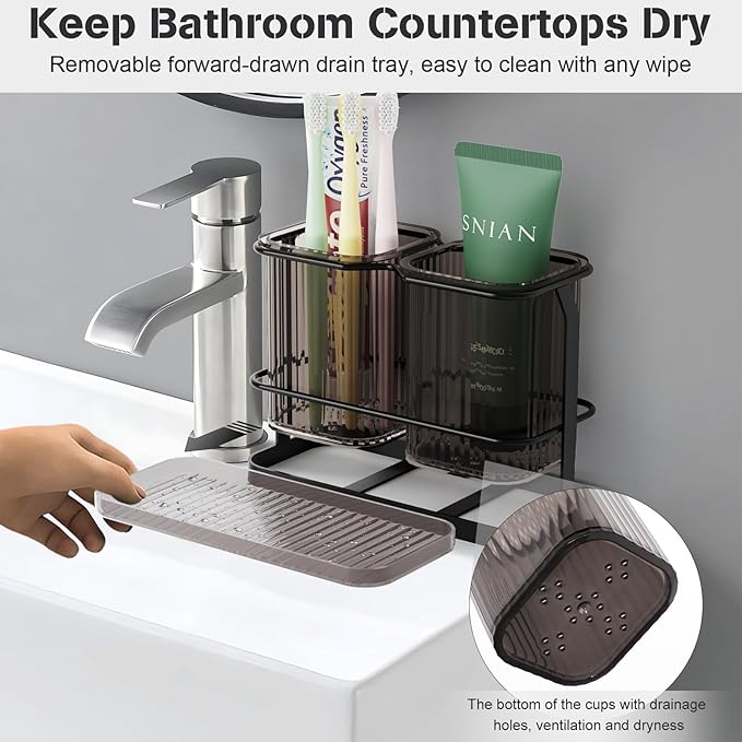 Countertop Toothbrush Holders, Electric Tooth Brush and Toothpaste Holder for Bathroom Wall with Hook, 2 Cups Toothbrush Organizer with Drain Tray Bathroom Accessories Storage (Black)
