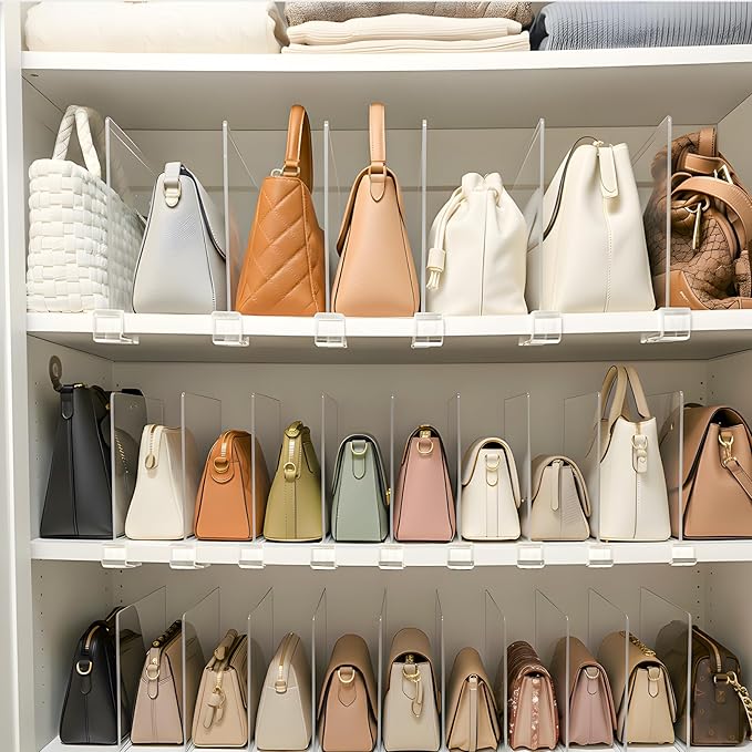 Purse Organizer for Closet Shelf Dividers: 6-Pack Adjustable Clear Acrylic Bag Storage Organizer for Handbags, Sweaters, Towels, Jeans and Shoes on Wood Shelves