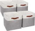 Univivi 13x13x13 Fabric Cube Bins with Hard Bottom,4 Pack Storage Baskets with PU Handles for Closet Foldable Storage Bins for Organizing,Gray
