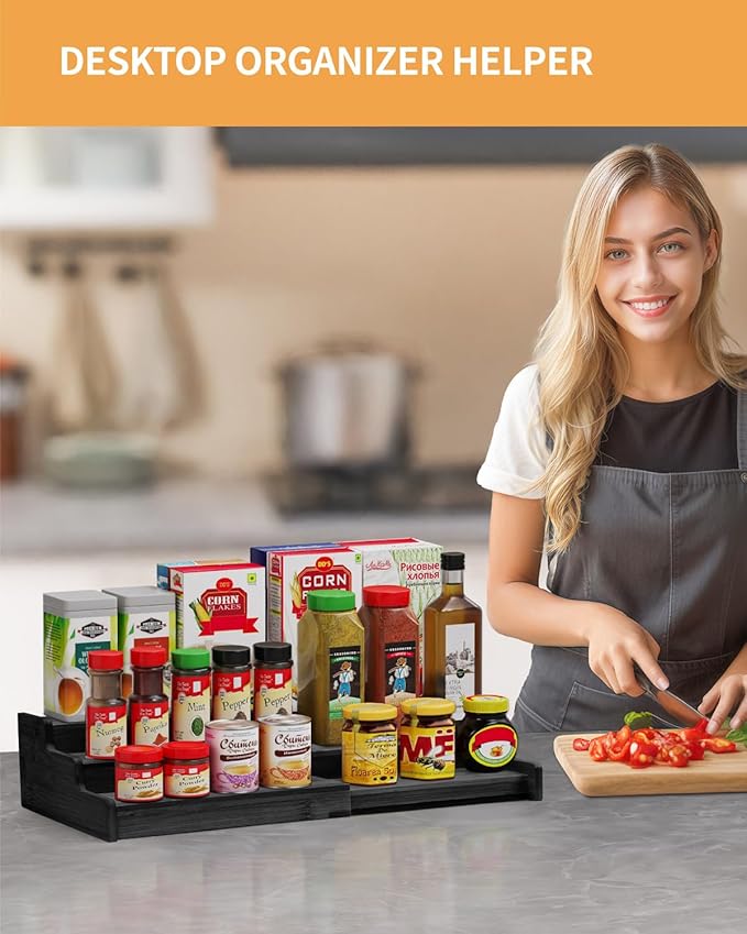Spice Rack, 3-Tier Expandable Bamboo Spice Rack Organizer for Cabinet - Kitchen, Pantry and Cupboard Storage Organizer-Black
