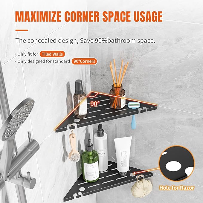 HBXS Shower Corner Shelf Organizer Rack with Hooks & Razor Hole, No Drilling Tile Shower Shelves, Rustproof Stainless Steel Bathroom Shelves Basket, Modern Corner Shelf for Bathroom, 2Pack-Black