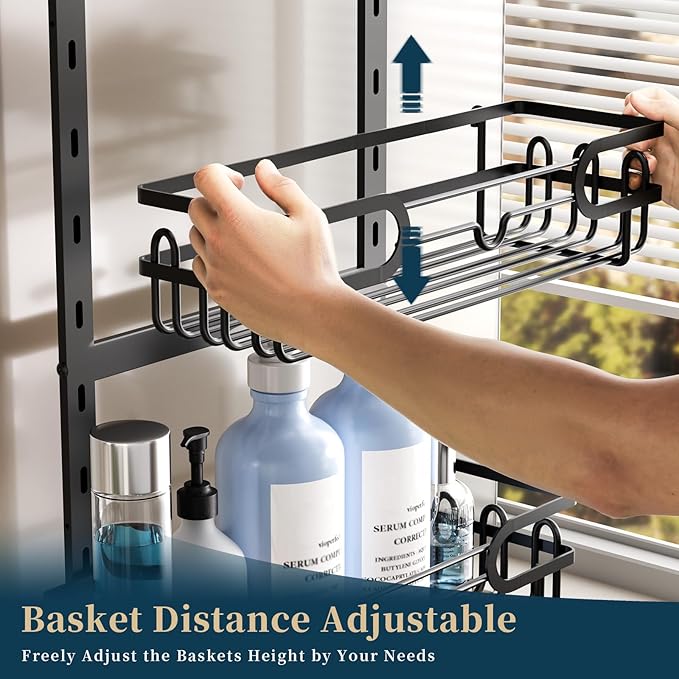 Consumest Over The Door Shower Caddy - 4 Tier Adjustable Hanging Shower Organizer Shelf with 2 Soap Holders & 22 Hooks, Rustproof Easy Installation Hanging Storage Rack for Bathroom, Black