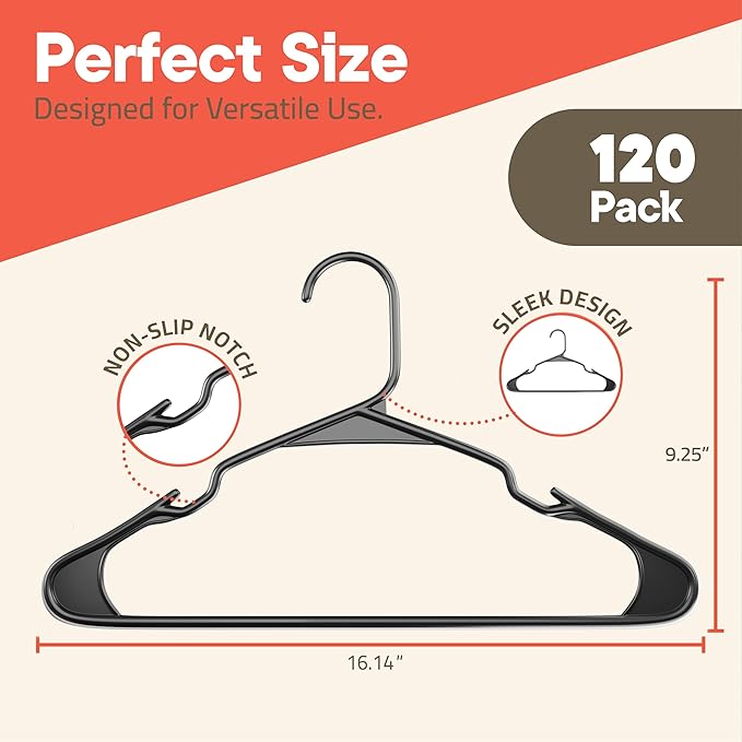 Gray Plastic Hangers 120 Pack– Heavy-Duty Plastic Hangers Slim and Space-Saving, Durable and Lightweight PP with Non-Slip Shoulder Notches for Slip Dresses, Suits, Jackets & Camisoles