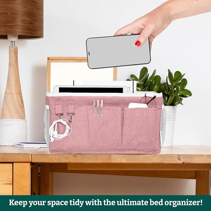 ADVANCELLPRO Bedside Caddy Organizer Hanging Storage Bag with Pockets for Books, Magazines, Phone, Tablet & Water Bottle – Bedside Storage for Dorm, Bunk Beds, Hospital Beds & Cribs, Pink