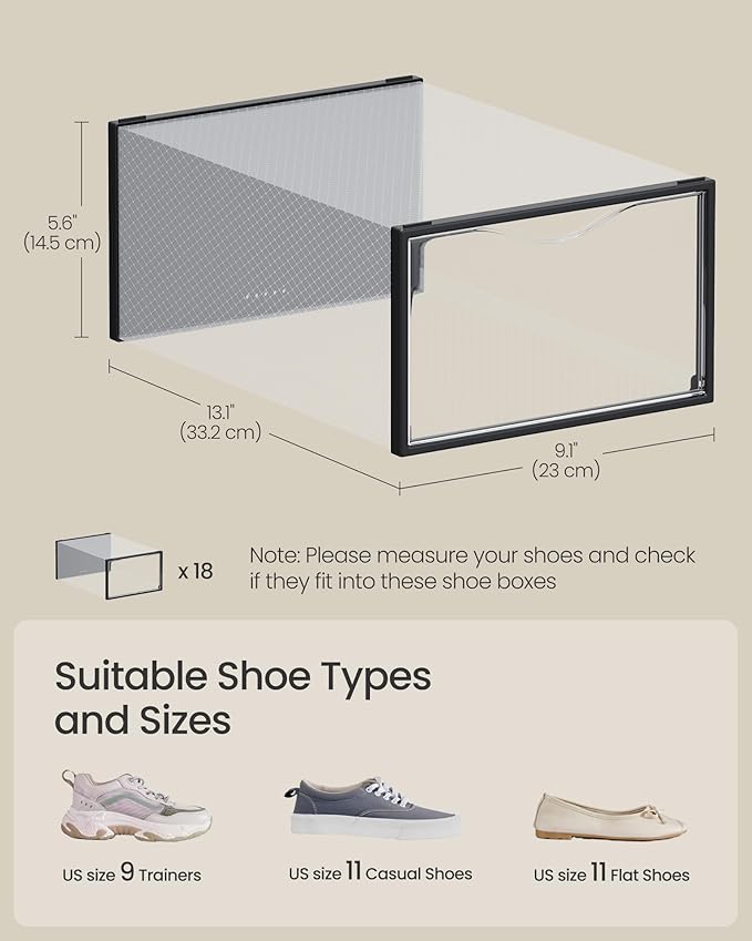 SONGMICS Shoe Boxes, Shoe Storage Organizers Rack for Closet, Plastic Stackable Sneaker Containers Case, 18 Pack, Transparent and Ink Black ULSP318B01