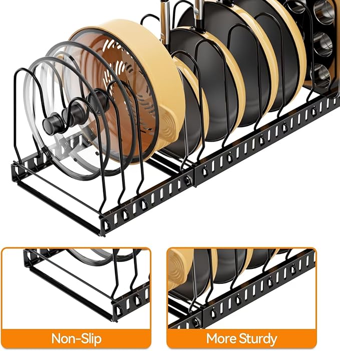 Pot and Pan Organizer Rack for Cabinet, Expandable Pot Lid Organizer Holder with 12 Adjustable Compartment for Kitchen Cutting Board, Pan Lid, Cabinet Cookware Baking