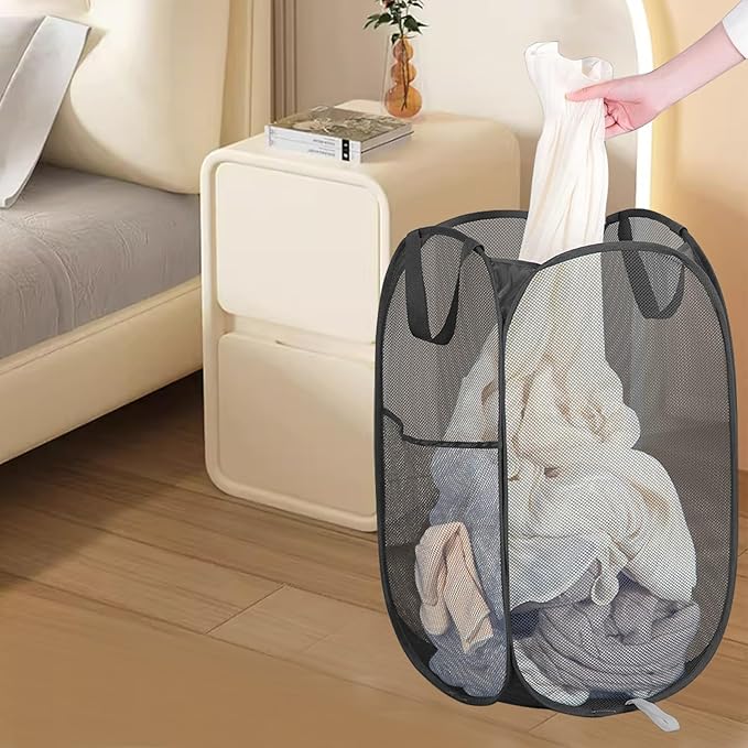 Mesh Pop Up Laundry Hamper, Collapsible Laundry Basket with Side Pocket, Dirty Clothes Mesh Basket Foldable for Cruise, Travel, Camping (Black - 1 Pack)