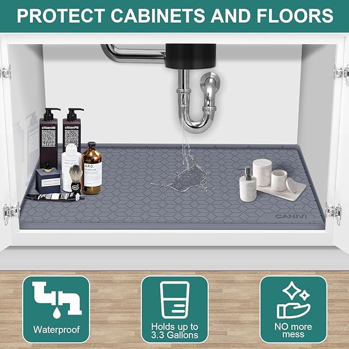 Under Sink Mat, 28" x 22" Waterproof Silicone Under Sink Tray for Kitchen & Laundry Cabinets, Kitchen Cabinet Shelf Protector, Up to 3 Gallons Liquid, Fits 36 inch Standard Cabinet (Blue Grey)