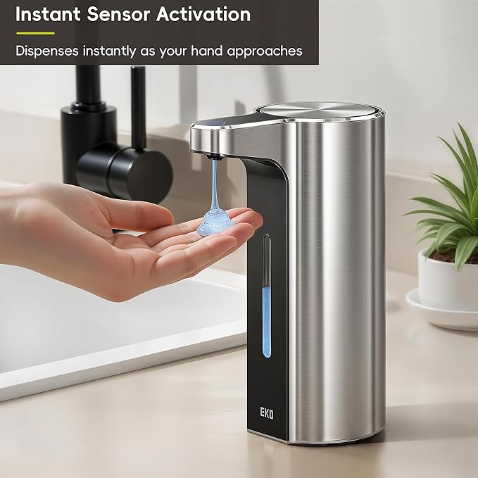 EKO Aroma Pro 13.5 fl oz Touchless Automatic Liquid Soap Dispenser, Rechargeable Hand & Dish Soap Dispenser for Bathroom and Kitchen, Waterproof, Adjustable Volume Control (Stainless Steel)