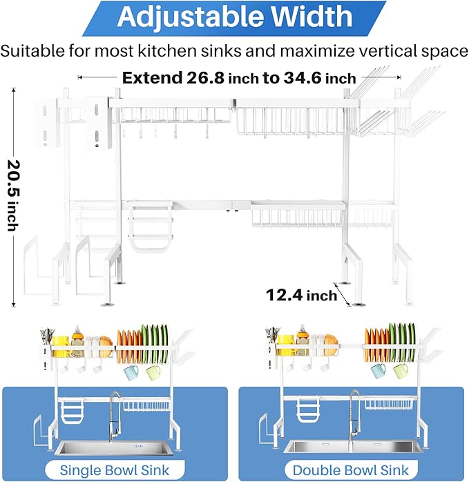 SNTD Over The Sink Dish Drying Rack - Adjustable Dish Rack for Kitchen Counter, Metal (White)