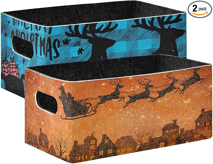 Christmas Check Elk Blue Closet Storage Bins 2 Pcs Felt Open Home Storage Containers Organizer with Handles Collapsible Shelf Basket for Home Office Craft Room Classroom Fabric