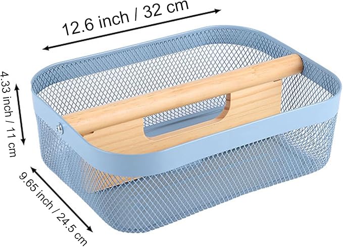 Metal Mesh Steel Storage Basket, Garden Harvest Wire Organizer Basket Multi-functional Kitchen Fruit Basket with Wooden Removable Partition & Handle for Bathroom Picnic Decor Cabinet, Blue
