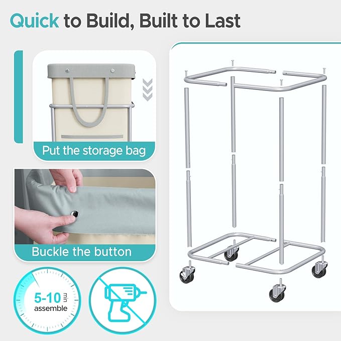 JYPS Laundry Basket With Wheels, 150L Large Rolling Hamper W/Metal Frame & Removable Bag, Waterproof Oxford Fabric, 2 Side Bags, Dirty Clothes Storage Cart For Laundry Room, Dorm, Bedroom, Bathroom