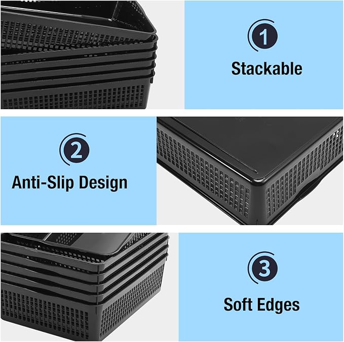 A4 Size Plastic Storage Basket Tray,6 Pack Plastic Paper Storage Trays,Desktop File Paper Letter Organizer Basket for Classroom, Office, Home (Black)