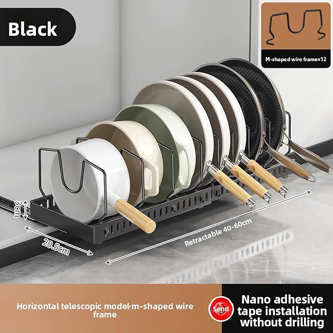 pots and pans organizer under cabinet,pot lid organizers inside cabinet holders for kitchen,Horizontal and vertical pulling modes,Can be extended and adjusted (Black horizontal pull-out)