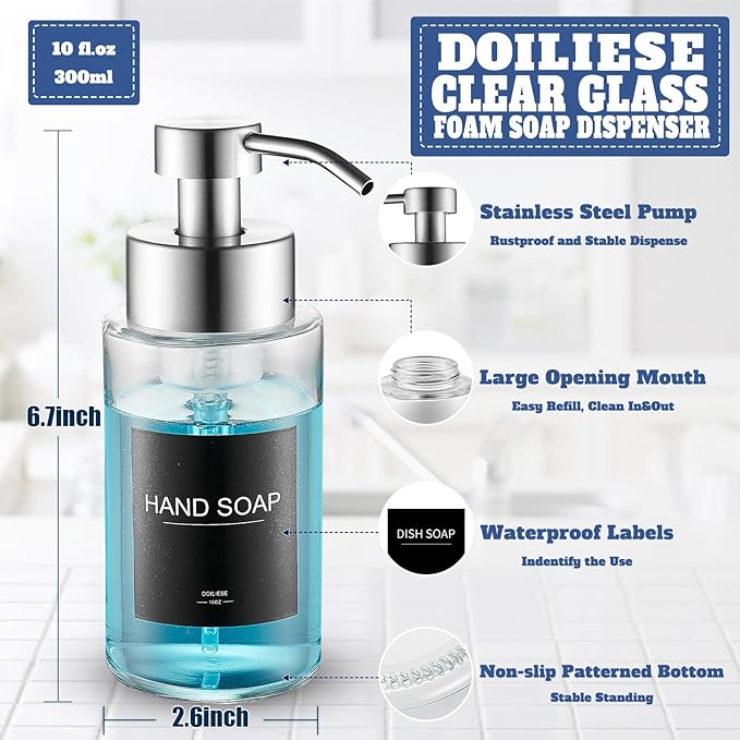 Doiliese Glass Foaming Hand Soap Dispenser, 10 oz Easy Refill Bathroom Soap Dispenser, Foaming Dispenser with Stainless Steel Pump & Waterproof Labels, Foam Soap Pump Bottles for Handwashing, 2 Sets