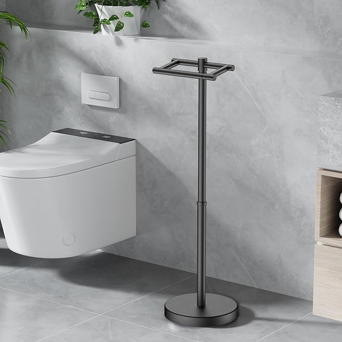 Toilet Paper Holder Stand Adjustable, Freestanding Tissue Roll Holder for Bathroom, Pivoting Design, Durable SUS 304 Stainless Steel and Weighted Base Toilet Paper Stand, Storage, Matte Black