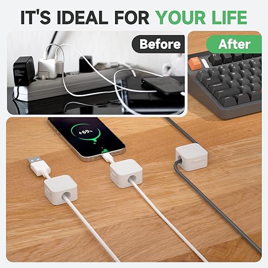 6 White Magnetic Cable Clips,Under Desk Cable Management,Cord Holder for Nightstand Home Office Car Phone Wall,2025 Adhesive Cord Organizer[0.45" in Ht Save Space/Versatile for Wire Up to 0.27" OD]
