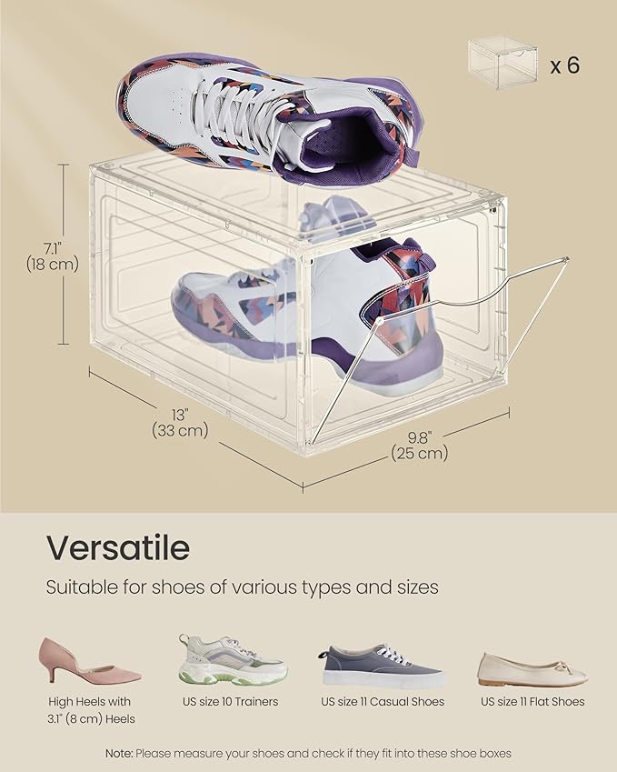 SONGMICS Shoe Boxes, Clear Shoe Organizers, Set of 6, Plastic Shoe Storage with Clear Door, Easy Assembly, up to US Size 11, Transparent White ULSP032W06