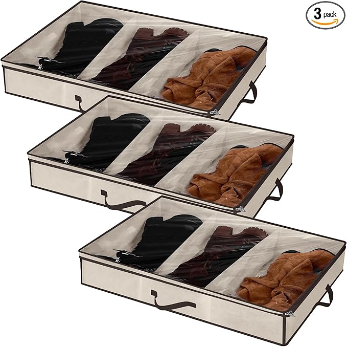 SATINIOR 3 Pcs 3 Section Under Bed Shoe Storage Boot Bag Beige and Brown Underbed Shoe Organizer with Large Clear Pockets Fabric for Storage Men's and Woman's Boots