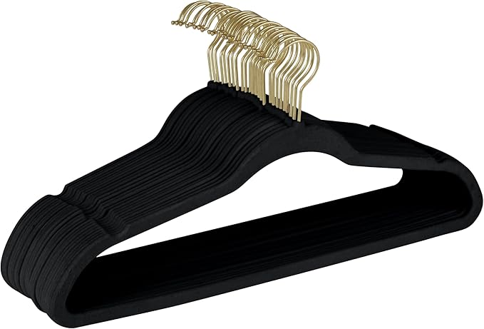 Simplify Slim Velvet Gold Hook Clothes Hangers 100 Pack | Non-Slip | Shirts | Suit | Pants | Dresses | Garments | Closet Storage & Organization | Durable | Black