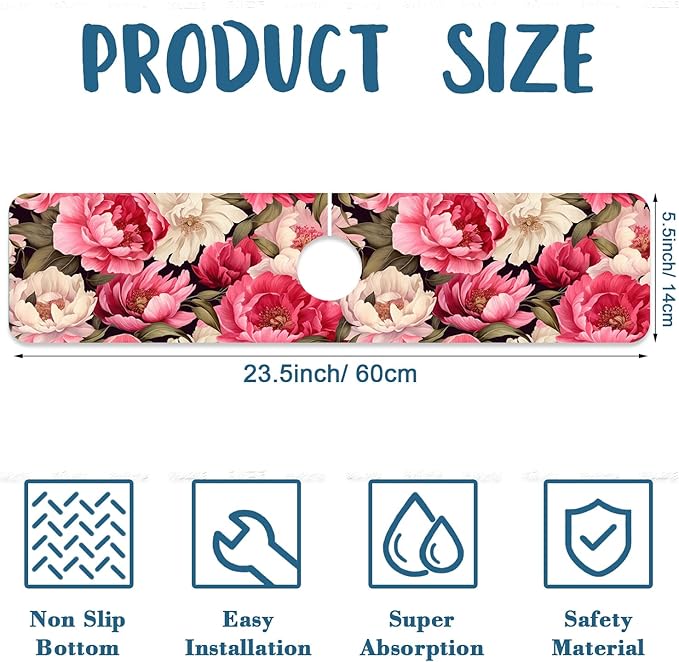 Garden Flowers Kitchen Sink Splash Guard Faucet Mat Watercolor Peonies Super Absorbent Fast Drying Mat Sink Splash Guard Behind Faucet for Kitchen Bathroom, 23.5"x5.5"