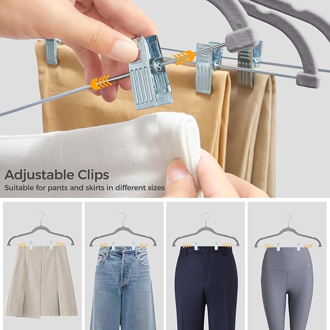 HOUSE DAY Velvet Hangers with Adjustable Clips 20 Pack, Non-Slip Suit Organizer with 360° Hook - Heavy Duty Hanger for Pants, Skirts, Blouses, Dresses - Outfit Hangers All-Season Space Saver (Grey)