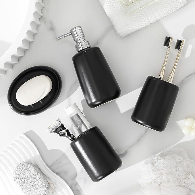 MALACASA Ceramic Bathroom Accessories Sets, 4 PCS,Soap Dispenser, Toothbrush Holder, Toothbrush Cup and Soap Dish, Durable Bathroom Sink Set for Modern Home Decor,Gift Set, Black