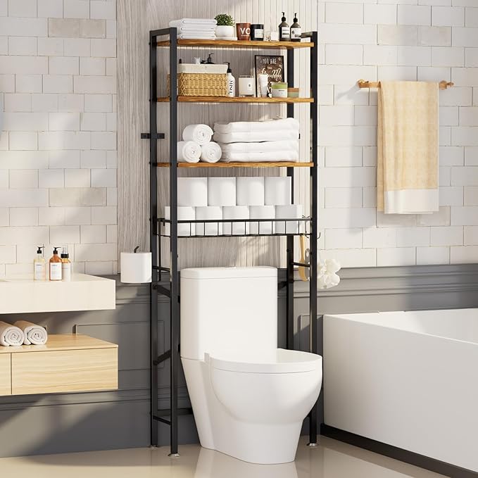 Over The Toilet Storage Cabinet, 4-Tier Bathroom Organizers and Storage with Adjustable Shelves, Freestanding Over-The-Toilet Shelf for Restroom, Laundry, Rustic Brown