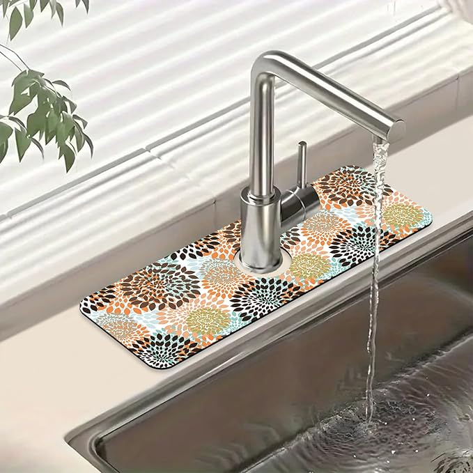 Vintage Flowers Kitchen Sink Splash Guard Faucet Mat Abstract Floral Super Absorbent Fast Drying Mat Sink Splash Guard Behind Faucet for Kitchen Bathroom, 15.5"x5.5"