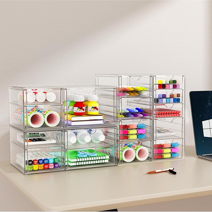 Acrylic Makeup Organizer with 31 Drawers, 6 Pack Clear Storage Drawers, Bathroom Makeup Organizer for Palettes, Cosmetic, and Beauty Supplies,Ideal for Vanity, Cabinet,Desk Organization