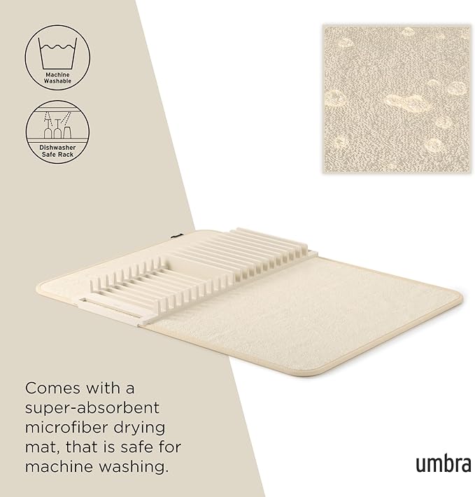 Umbra 330720-354 UDRY Rack and Microfiber Dish Drying Mat-Space-Saving Lightweight Design Folds Up for Easy Storage, Standard, Linen