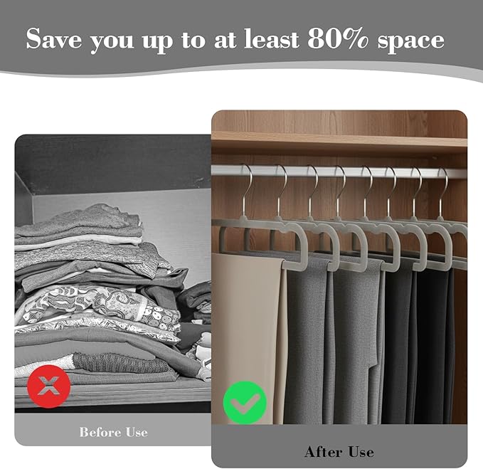 Velvet Pants Hangers Non Slip 20 Pack Plastic Velvet Pant Hangers, Rectangular Slim Velvets Hanger with 10 Hooks for Jean, Bra, Shorts (Grey)