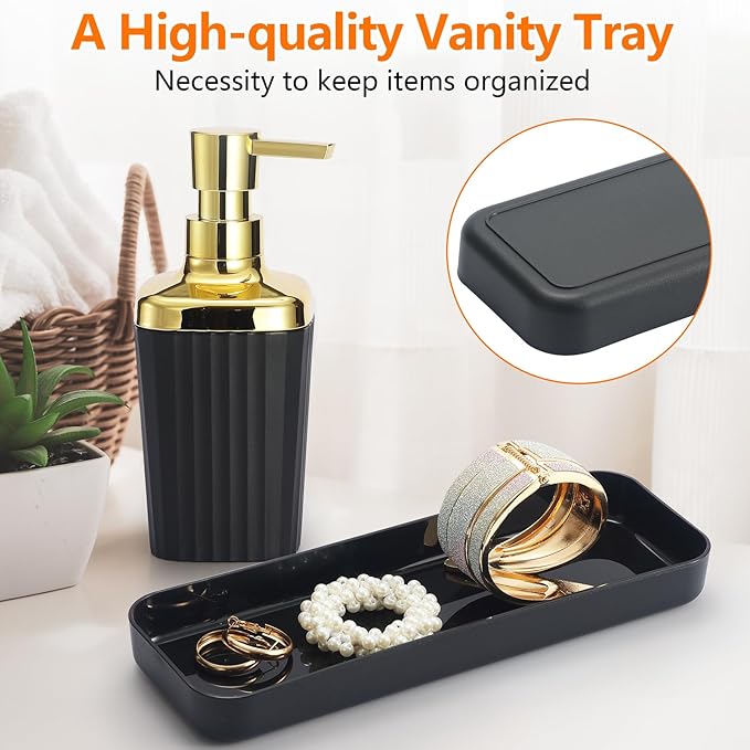 Black Bathroom Accessories Set,9 Piece Black Bathroom Accessory Set with Toothbrush Holder, Trash Can, Lotion Soap Dispenser, Toothbrush Cup, Vanity Tray, Soap Dish, Toilet Brush, Qtip Holder