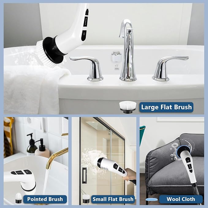 NEWONE Electric Spin Scrubber, Cordless Cleaning Brush with 7 Replaceable Brush Heads, 2 Adjustable Speeds, White