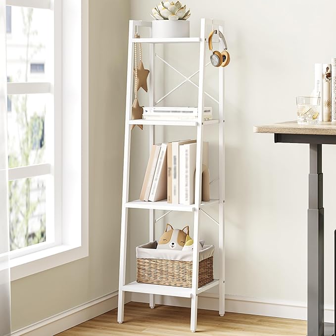 Ladder Shelf, Bookshelf Bookcase, Freestanding Corner Storage Shelve with 2 Hooks for Home Office, Living Room, Kitchen, Bedroom, Industrial, 4-Tier White BC13213W