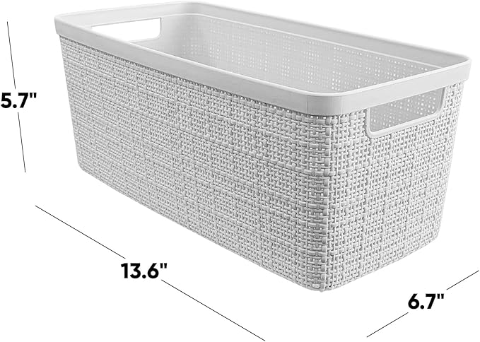 Curver Set of 8 Slim 6.8L Jute Decorative Plastic Organization and Storage Baskets - Perfect Bins for Home Office, Closet Shelves, Kitchen Pantry and All Bedroom Essentials, White
