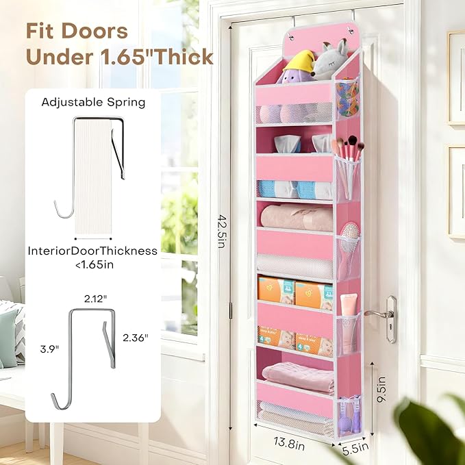SpaceWhisper Over the Door Organizer, 5 Large Pocket Hanging Storage Organizer with 40lb Capacity, Space Saving for Nursery, Bathroom, Bedroom, Closet - Baby Essentials & Toiletry Organizer (Pink)