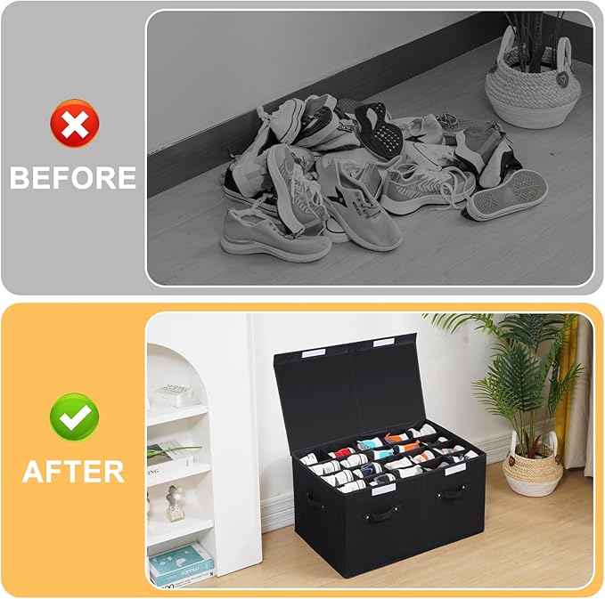 Large Shoe Organizer for Closet Fits 20 Pairs, Shoe Storage Box Bins Containers with Lid and Adjustable Dividers for Shoes, Sneakers and High Heeled, Hard Shell and Stackable （Black）