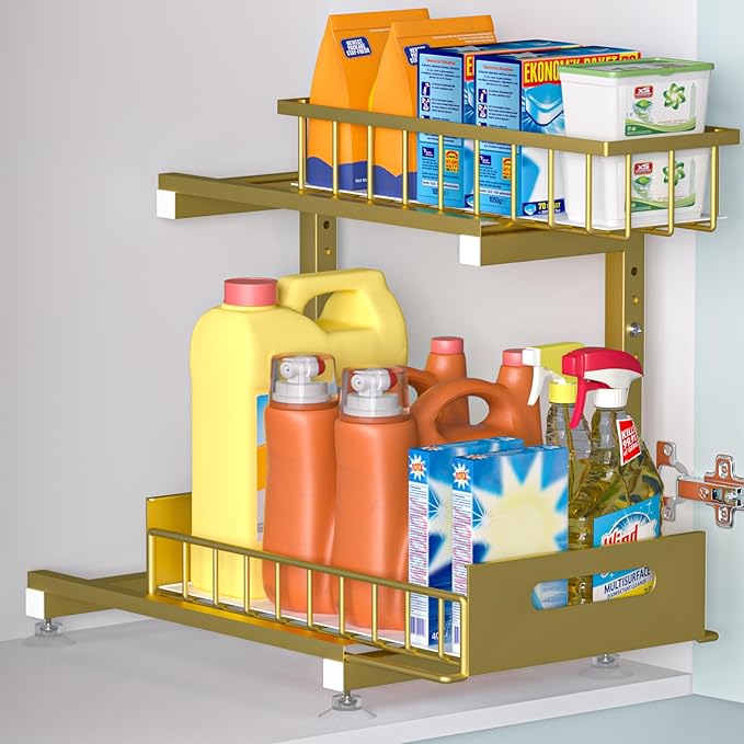 Under Sink Organizer, 2-Tier Premium Metal Pull-Out Racks with Adjustable Height, Heavy Duty Sliding Bin for Bathroom and Kitchen Cabinet Storage, Rust Resistant 1 Pack
