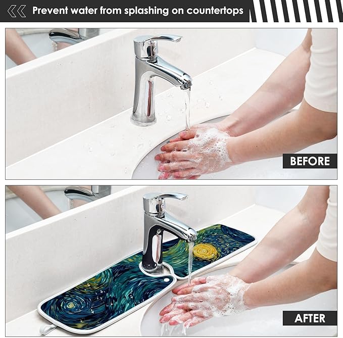 Sink Faucet Absorbing Mat Kitchen Sink Splash Guard Splash Faucet Drip Catcher for Bar RV Bathroom 2PCS 23.6x5.5in Starry Night Sky Swirling Neon Blue