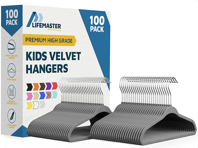 Gray Velvet Kids Hangers 100 Pack, 10.83" Non-Slip Baby & Toddler Hangers for Clothes, Space-Saving Slim ABS Plastic with 360° Swivel Hook & Notched Shoulders, Up to 10 lb Capacity
