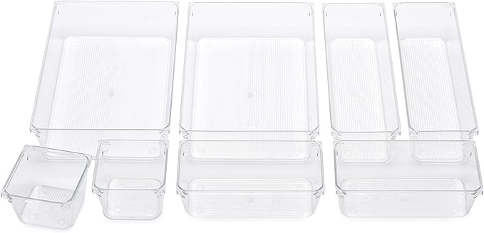 Masirs Clear Drawer Organizer - Easily Organize and Customize the Layout of Drawers. Great for Office Desk, Utensils, Cosmetics and Makeup. (8-Piece Set)