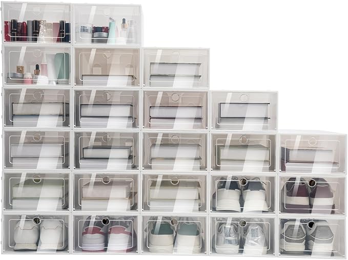 24-Piece Clear Shoe Storage Boxes, Stackable Foldable Plastic Shoe Organizer, Transparent Shoe Boxes with Round Hole, for Shoes, Cosmetics, Toys