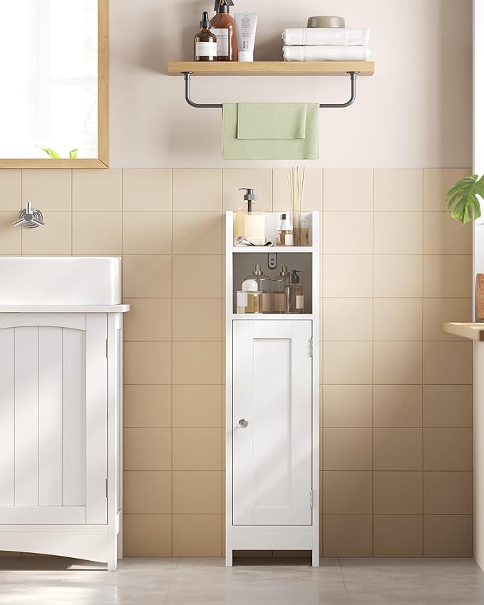 VASAGLE Small Storage Corner Floor Cabinet with Door, 7.9 x 7.1 x 31.5 Inches, Narrow Toilet Paper Storage Holder, Adjustable Shelves, for Bathroom, Living Room, Small Spaces, Cloud White UBBC310W01