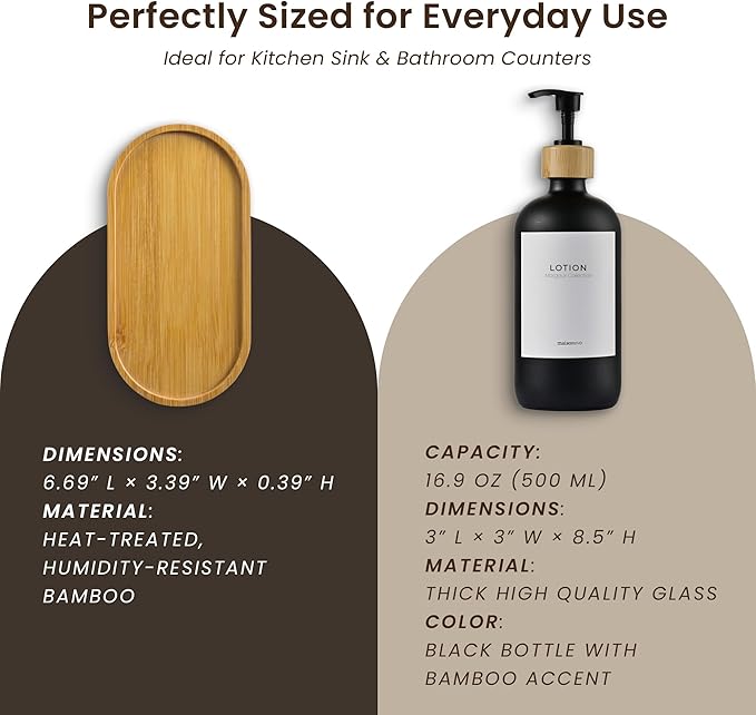 MaisoNovo Glass Dish Soap Dispenser for Kitchen Set of 2-16.9oz Dish and Hand Soap Dispenser Set for Kitchen - Black Glass Bottles x 2 with Black Bamboo Pumps & Tray